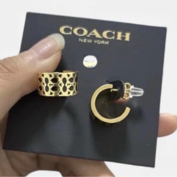Coach Women's Gold and Black Mini Hoop Earrings - Picture 1 of 3